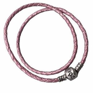 Pandora Light Pink Braided Leather Double Wrap Bracelet with Silver Clasp